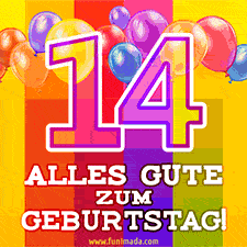 Große Zahl 35 in Umrissschrift, die Worte 'Alles Gute zum 14. Geburtstag', mehrfarbige animierte Ballons und lebendiger Hintergrund.