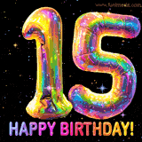 Shiny number 15 birthday celebration balloons with an iridescent glow and glitter on a black background with twinkling stars.