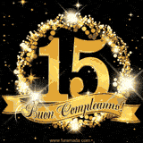 Il numero 15 è circondato da un anello dorato brillante, accompagnato da un nastro elegante con la scritta 'Buon Compleanno!' su uno sfondo scuro.