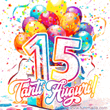 Animazione con palloncini colorati e scintillanti, accompagnata dal numero 15 in caratteri grandi e luminosi, e la scritta 'Tanti Auguri!' in stile vivace.
