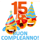 Due boccali di birra sorridenti animati, con il numero 15 e la scritta 'Buon Compleanno!' in caratteri allegri su uno sfondo bianco.