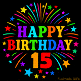 A birthday cake with lit candles is shown with colorful balloons and animated confetti.