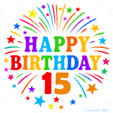Festive 'Happy Birthday 15' animated GIF with rainbow-colored letters surrounded by fireworks and stars
