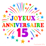 GIF animé joyeux anniversaire 15 ans avec étoiles multicolores et feu d’artifice