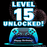 Animated GIF for a 15 birthday. The text 'Level 15 Unlocked!' and 'Happy Birthday!' are displayed over a blue video game controller with exploding fireworks in the background.