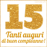 GIF animata per un 15° compleanno, Mostra il numero 15 in grandi caratteri dorati pieni di glitter scintillante, Sotto, la scritta 'Tanti auguri di buon compleanno!' in un elegante oro.