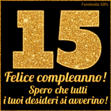 Un GIF animato per un 15° compleanno, Presenta il testo 'Buon Compleanno 15' su uno sfondo giallo vivo con palloncini colorati, festoni e una pioggia di coriandoli.