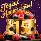 Une animation de célébration d'un gâteau de 15ème anniversaire, Des étoiles dorées tombent du ciel, mettant en valeur le texte 'Joyeux Anniversaire !' et le nombre doré 15 à l'avant du gâteau.