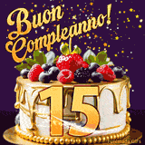 Un GIF animato di una bellissima torta per il 15° compleanno con glassa dorata e frutti di bosco freschi, Il numero dorato 15 è davanti, e stelle cadono su uno sfondo viola scuro.