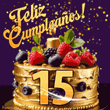 Una animación de celebración de una tarta para el 15º cumpleaños, Estrellas doradas caen del cielo, destacando el texto '¡Feliz Cumpleaños!' y el número dorado 15 en la tarta.