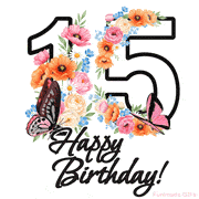A floral 15th birthday animated greeting card. The number '15' is surrounded by animated flowers and butterflies, creating a beautiful and cheerful way to celebrate the milestone.