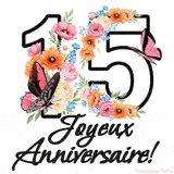 Ce GIF de Joyeux 15ème Anniversaire présente le nombre vingt rempli d'un bouquet vibrant de fleurs animées, avec des papillons qui bougent doucement sur un fond blanc.