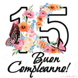 Questo GIF di Buon 15° Compleanno mostra il numero venti riempito con un vibrante bouquet di fiori animati, con farfalle che si muovono dolcemente su uno sfondo bianco.