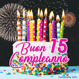 GIF animazione per i 15 anni con una torta decorata con cura, scritte rosa Buon Compleanno  e spettacolari esplosioni di luce sullo sfondo.