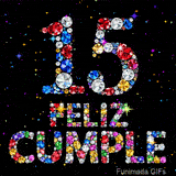 Diseño donde el número 15 y las palabras FELIZ CUMPLE están formados por cristales de tonos vivos sobre un fondo negro con chispas de luz.
