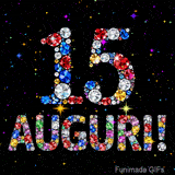 Il numero 15 e l'espressione Auguri disegnati da pietre preziose scintillanti su uno sfondo nero con piccole stelle luminose.