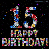 Sparkling multi-colored gems form the digit 15 and Happy Birthday words, contrasting against a black canvas filled with small flashing animated bright sparks.