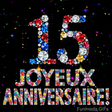 Le chiffre 15 et l'expression Joyeux Anniversaire dessinés par des pierres précieuses brillantes sur un fond noir avec de petites étoiles lumineuses.