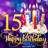 The golden digit 15 beside a cupcake with sprinkles and lit candles. Happy Birthday is written in cursive gold on a glowing purple background.