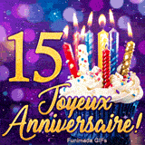 GIF d'anniversaire 15 ans : le chiffre 15 en or brillant à côté d'un cupcake illuminé de bougies.