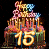 Animated rotating cake GIF for 15th birthday decorated with rainbow frosting, lit candles, and glowing gold number 15.