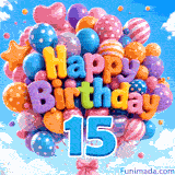 Hanging from a large cluster of swaying patterned balloons is a blue number 15. The balloons form the words Happy Birthday against the sky.