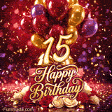 Golden number 15 shines among red gold and purple balloons gift boxes roses and confetti with Happy Birthday script on a festive red scene