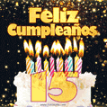 Tarjeta GIF de cumpleaños feliz de 15 años con torta y velas