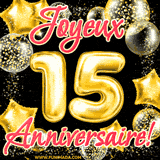 GIF animé pour un 15e anniversaire avec des ballons dorés en forme de 15, entourés de ballons scintillants et du texte 'Joyeux Anniversaire!' en écriture élégante.