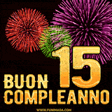 Animazione di fuochi d'artificio colorati con il numero 15 in oro brillante e la scritta 'Buon Compleanno' su uno sfondo nero festivo ed elegante.