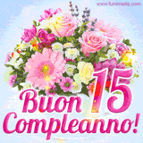 Bouquet animato con rose rosa, margherite e altri fiori colorati, con il numero 15 e la scritta 'Buon Compleanno!' in stile elegante e luminoso.