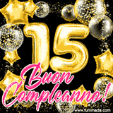 Animazione con palloncini dorati a forma del numero 15, circondati da decorazioni scintillanti e la scritta 'Buon Compleanno!' in caratteri rosa accattivanti.