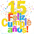 Imagen GIF festiva y colorida de feliz cumpleaños número 15
