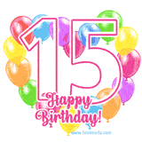 An animated birthday greeting card with a large '15' in pink outline surrounded by colorful balloons heart-shaped frame, and 'Happy Birthday!' written below in hand-written font.