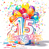 A festive birthday age GIF with animated star confetti, colorful balloons, and a gift box with the number 15. The text reads 'Happy Birthday'.