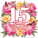 A celebratory GIF image features the animated number '15' and the words 'Happy Birthday!' surrounded by pink and yellow flowers. Two moving butterflies are included in this festive design.
