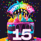 Chocolate cake with cyan layers, pink dressing and a big number 15 adorned with vibrant multicolored frosting, lit candles, and a rainbow topper with text that says 'Happy Birthday'. Animated colorful confetti move behind the cake.