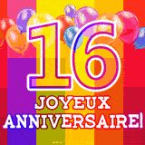 GIF animé 16 ans avec des ballons colorés, un grand chiffre 16 et 'Joyeux Anniversaire!' sur un fond éclatant.