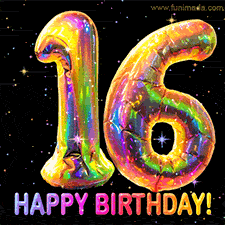 Shiny number 16 birthday celebration balloons with an iridescent glow and glitter on a black background with twinkling stars.