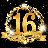Il numero 16 è circondato da un anello dorato brillante, accompagnato da un nastro elegante con la scritta 'Buon Compleanno!' su uno sfondo scuro.