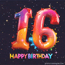 A vibrant age-specific birthday short animation displays the number '16' in shiny balloon-like letters with the words 'Happy Birthday' underneath. The dark background is punctuated with festive stars and balloons.