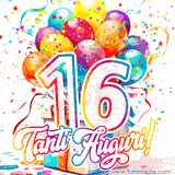 Animazione con palloncini colorati e scintillanti, accompagnata dal numero 16 in caratteri grandi e luminosi, e la scritta 'Tanti Auguri!' in stile vivace.