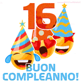 Due boccali di birra sorridenti animati, con il numero 16 e la scritta 'Buon Compleanno!' in caratteri allegri su uno sfondo bianco.