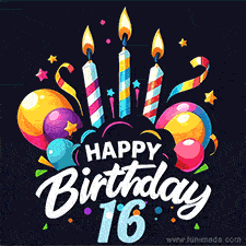 A celebratory sticker-themed 16th birthday animated image with lit candles, balloons, and streamers. The text reads 'Happy Birthday 16 with a stylized, dynamic font.