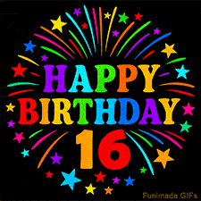 Colorful 'Happy Birthday 16' GIF with vibrant fireworks, stars, and rainbow-colored letters