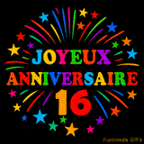GIF animé 'Joyeux Anniversaire 16' avec des lettres colorées et des feux d'artifice éclatants