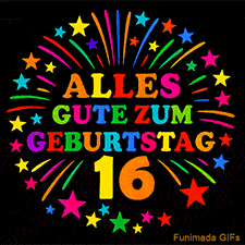 Animiertes GIF 'Alles Gute zum Geburtstag 16 mit bunten Buchstaben und leuchtenden Sternen