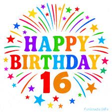 Festive 'Happy Birthday 16' animated GIF with rainbow-colored letters surrounded by fireworks and stars