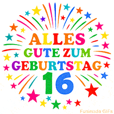 Bunte 'Alles Gute zum Geburtstag' Animation für den 16. Geburtstag mit Sternen und bunten Farben
