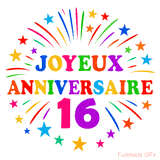 GIF animé joyeux anniversaire 16 ans avec étoiles multicolores et feu d’artifice